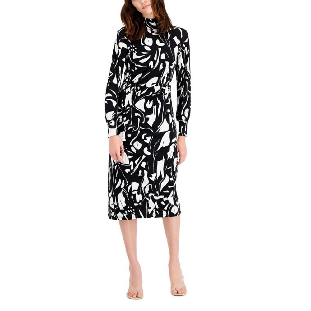 INC International Concepts Printed Asymmetrical Ruched Midi Dress